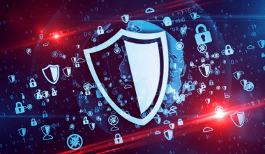 Kalkan. Sanal güvenlik, bilgisayar koruması ve dijital dünya 3d illüstrasyonunda dijital güvenlik sembolleri. Gelecekteki teknolojinin soyut kavramı, iş küreselleşmesi.