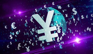 Para sembolleri. Dijital dünya 3d illüstrasyonunda Dolar, Euro, Yen ve Pound para birimi simgeleri. Finans, bankacılık ve küreselleşmenin soyut kavramı.