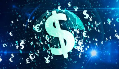 Para sembolleri. Dijital dünya 3d illüstrasyonunda Dolar, Euro, Yen ve Pound para birimi simgeleri. Finans, bankacılık ve küreselleşmenin soyut kavramı.
