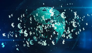 Para sembolleri. Dijital dünya 3d illüstrasyonunda Dolar, Euro, Yen ve Pound para birimi simgeleri. Finans, bankacılık ve küreselleşmenin soyut kavramı.