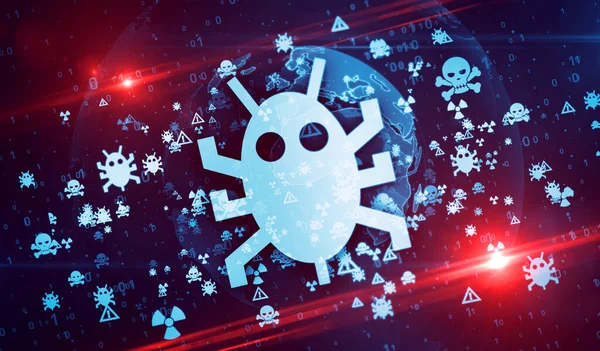 Wurm Cyberkriminalität Hackerangriffe Viren Computersicherheit Und Datenschutzsymbole Auf Digitalen Globus — Stockfoto