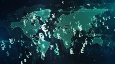 Para sembolleri. Dijital dünya haritasında dolar, Avro, Yen ve Pound para birimi simgeleri dikişsiz 3D animasyon. Finans, bankacılık ve küreselleşmenin soyut kavramı.