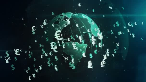 貨幣記号 回転デジタル地球上のドル ユーロ ポンドの通貨アイコン ループ可能でシームレスな3Dアニメーション 銀行業 グローバル化の概念 — ストック動画