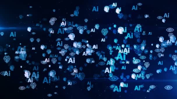 Inteligência Artificial Cérebro Cibernético Aprendizagem Máquina Símbolos Voadores Loopable Perfeita — Vídeo de Stock