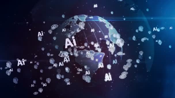 Umělá Inteligence Kybernetický Mozek Symboly Strojového Učení Rotující Digitální Globus — Stock video