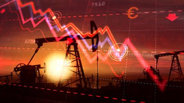 Kriz konseptinde petrol ve akaryakıt işi. Küresel pazarlarda petrol fiyatlarındaki düşüş grafiği ve arka planda çalışan pompa silüeti 3d illüstrasyon.