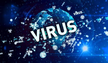 Virüs, koronavirüs, salgın, viral salgın, enfeksiyon, bilim, sağlık, covid-19 ve küresel uyarı sembolleri 3D çizimler. Tıbbi teknolojinin soyut kavramı.