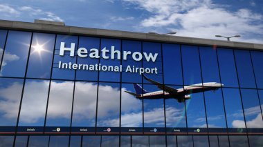 Londra, Heathrow, İngiltere, Uk, Gb 'ye jet uçağı iniyor. Havaalanı terminali ve uçak yansıması ile şehre varış. Seyahat, iş, turizm, ulaşım kavramı.