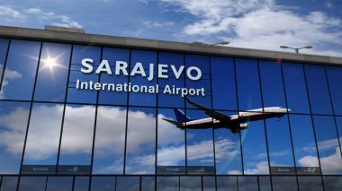 Saraybosna, Bosna-Hersek 'e Jet uçağı indi, Bh, Bih 3d resim çiziyor. Şehir havaalanı terminaline varış ve uçağın yansıması. Seyahat, iş, ulaşım kavramı.
