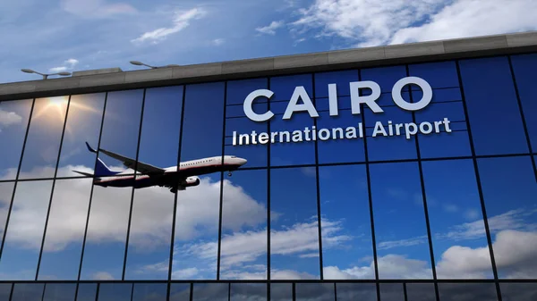 カイロ エジプトの3Dレンダリングイラストでジェット航空機着陸 ガラス空港ターミナルと飛行機の反射で街に到着します ビジネス 交通機関の利用規約 — ストック写真