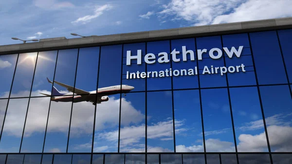 Londra, Heathrow, İngiltere, Uk, Gb 'ye jet uçağı iniyor. Havaalanı terminali ve uçak yansıması ile şehre varış. Seyahat, iş, turizm, ulaşım kavramı.