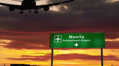 Filipinler, Manila 'ya inen uçak silueti. Havaalanı yön tabelasıyla ve arka planda gün batımıyla şehre vardık. Trip ve ulaşım konsepti 3D animasyon.