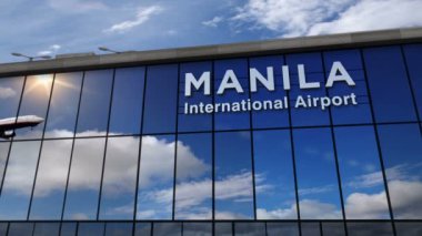 Filipinler, Manila 'ya iniş yapan jet uçakları animasyonu canlandırıyor. Cam havaalanı terminali ve uçağın yansıması ile şehre varış. Seyahat, iş, turizm ve ulaşım kavramı.
