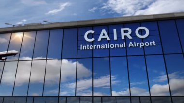 Mısır, Kahire 'ye iniş yapan bir jet uçağı 3 boyutlu animasyon yapıyor. Cam havaalanı terminali ve uçağın yansıması ile şehre varış. Seyahat, iş, turizm ve ulaşım kavramı.