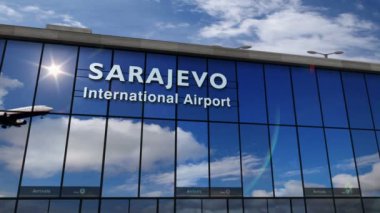 Saraybosna, Bosna-Hersek, BH ve BH 'ye inen jet uçakları animasyonu canlandırıyor. Havaalanı terminali ve uçağın yansıması ile şehre varış. Seyahat, turizm ve ulaşım kavramı.