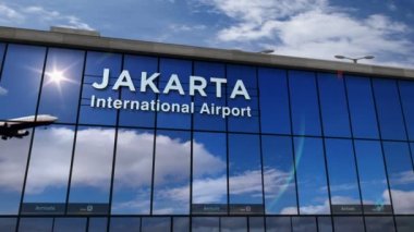 Jakarta, Endonezya 'ya jet uçağı iniyor. 3D animasyon. Cam havaalanı terminali ve uçağın yansıması ile şehre varış. Seyahat, iş, turizm ve ulaşım kavramı.