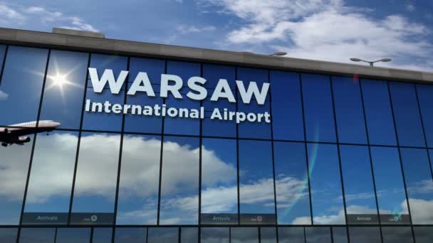 Pesawat Jet Mendarat Warsawa Warszawa Animasi Render Polandia Tiba Kota — Stok Video