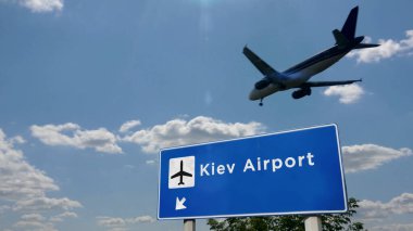 Ukrayna, Kiev 'e uçak silueti iniyor. Uluslararası havaalanı yön tabelasıyla ve mavi gökyüzüyle şehir gelişi. Seyahat, seyahat ve ulaşım konsepti 3D illüstrasyon.