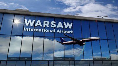 Varşova, Warszawa, Polonya 'ya iniş yapan bir jet uçağı. Havaalanı terminali ve uçağın yansıması ile şehre varış. Seyahat, iş, turizm ve ulaşım kavramı.