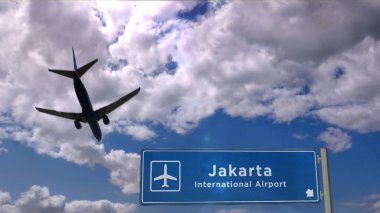 Uçak silueti Jakarta, Endonezya 'ya iniyor. Uluslararası havaalanı yön tabelasıyla ve mavi gökyüzüyle şehir gelişi. Seyahat, seyahat ve ulaşım konsepti 3D illüstrasyon.