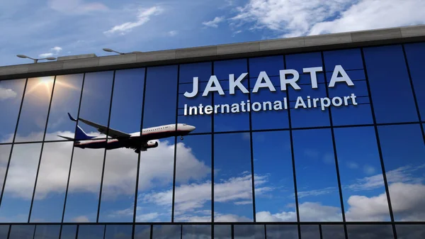 インドネシアのジャカルタに着陸するジェット航空機3Dレンダリングイラスト ガラス空港ターミナルと飛行機の反射で街に到着します ビジネス 交通の概念 — ストック写真