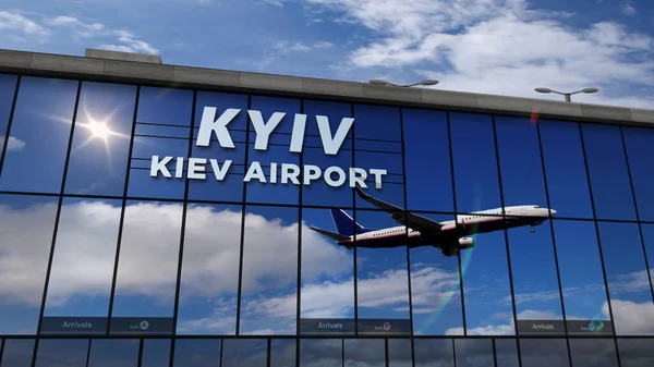 Aviones Reacción Aterrizando Kiev Ucrania Ilustración Representación Llegada Ciudad Con —  Fotos de Stock