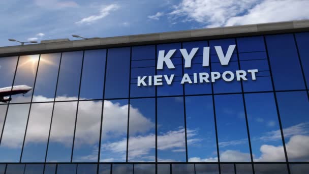 Jet Aircraft Landing Kiev Ukraine Rendering Animation Arrival City Glass — Stock Video