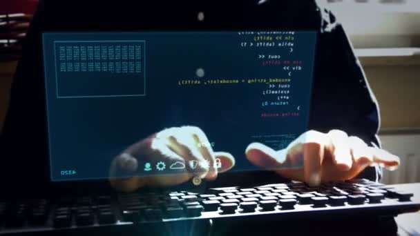 Mann Som Skriver Tastatur Med Programkode Hologram Skjermen Programmering Business – stockvideo