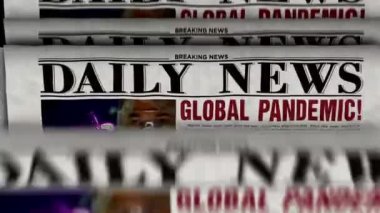Küresel salgın ve kriz flaş haber gazetesi baskısı. Klasik kağıt medya baskı üretiminde tehlike uyarısı soyut bir kavram. Retro biçimi 3d canlandırma canlandırması.