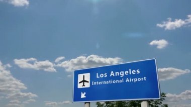 Jet uçağı Los Angeles, Kaliforniya, ABD 'ye iniyor. Havaalanı istikameti işaretli şehir gelişi. Seyahat, iş, turizm ve ulaşım konsepti. 3B canlandırma canlandırması.