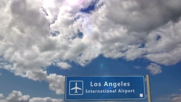 Самолет Приземлился Лос Анджелесе Калифорния Сша Сша Прибытие Город Указателем — стоковое видео