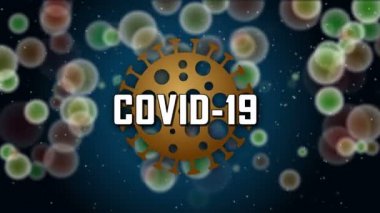 Covid-19 küresel salgın alarmı. Arka planda hücre ve arıza gürültü efektli salgın alarmı sembolleri. 3d canlandırma canlandırması.