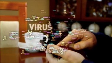 Akıllı telefonun etrafındaki küresel virüs salgını alarmı verildi. Anahtar sözcükler cep telefonu ve parmaklar üzerinde uçuyor. Tıbbi bilgi aranıyor.