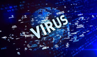 Covid-19 virüs küresel pandemik alarm anahtar sözcükler 3D illüstrasyon. Tıbbi teknolojinin soyut kavramı.