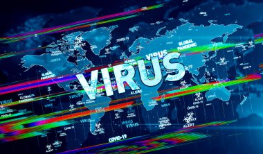 Covid-19 virüs küresel pandemik alarm anahtar sözcükler 3D illüstrasyon. Tıbbi teknolojinin soyut kavramı.