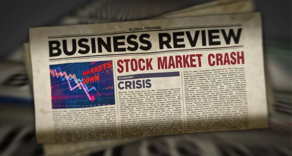 Business review newspapers with market crash printing and disseminating 3d illustration. Economy, crisis, stock, market collapse and financial panic retro media press production abstract concept.