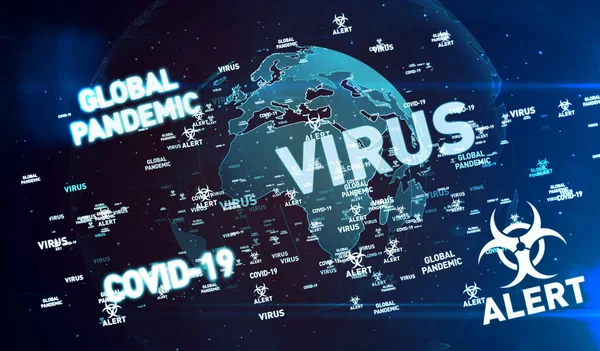 Covid-19 virus global pandemic alert flying keywords 3d illustration. Abstract concept background of medical technology.