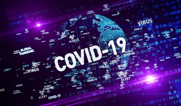 Covid-19 virus global pandemic alert flying keywords 3d illustration. Abstract concept background of medical technology.