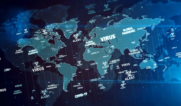 Virus Covid Pandemia Globale Allarme Volare Parole Chiave Illustrazione Contesto — Foto Stock