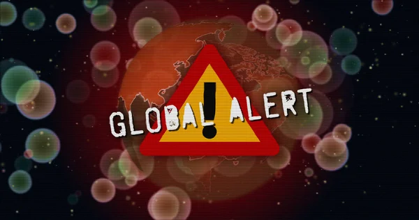 Covid 19世界的なパンデミック警報 背景に細胞とグリッチノイズ効果を持つ疫学的警告記号 3Dレンダリング図 — ストック写真