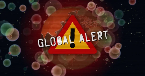 Covid-19 global pandemic alert. Epidemic alert symbols with cell in background and glitch noise effect. 3d rendering illustration.