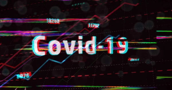 Covid-19 global pandemic with increase numbers. Epidemic alert with cells and growing chart in background and glitch noise effect. 3d rendering illustration.