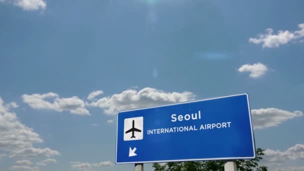 Vliegtuig Landt Seoul Zuid Korea Aankomst Stad Met Luchthaven Richting — Stockvideo