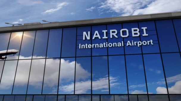 Реактивный Самолет Приземляется Найроби Кения Рендеринг Анимации Прибытие Город Стеклянным — стоковое видео
