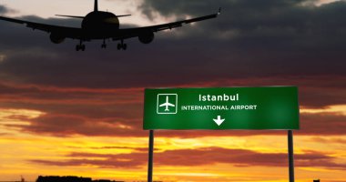 İstanbul, Türkiye 'ye uçak silueti iniyor. Havaalanı yön tabelasıyla ve arka planda gün batımıyla şehre vardık. Trip ve ulaşım konsepti 3d illüstrasyon.