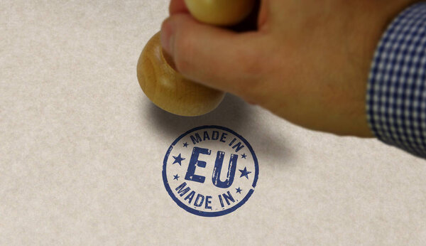 Made in EU, Europe, European Union made and stamping hand. Завод, производство и концепция страны производства
.