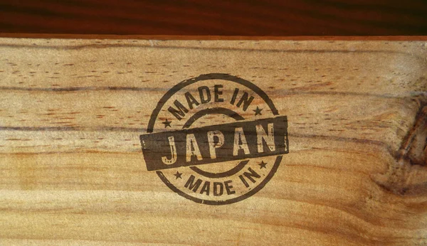 Sello Fabricado Japón Impreso Caja Madera Concepto País Fábrica Fabricación — Foto de Stock