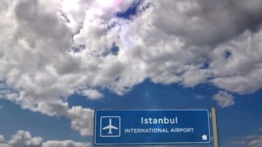 İstanbul, Türkiye 'ye jet uçağı iniyor. Havaalanı istikameti işaretli şehir gelişi. Seyahat, iş, turizm ve ulaşım konsepti. 3B canlandırma canlandırması.