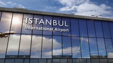 İstanbul, Türkiye 'ye üç boyutlu bir jet uçağı iniyor. Cam havaalanı terminali ve uçağın yansıması ile şehre varış. Seyahat, iş, turizm ve ulaşım kavramı.