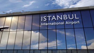 İstanbul, Türkiye 'ye üç boyutlu bir jet uçağı iniyor. Cam havaalanı terminali ve uçağın yansıması ile şehre varış. Seyahat, iş, turizm ve ulaşım kavramı.